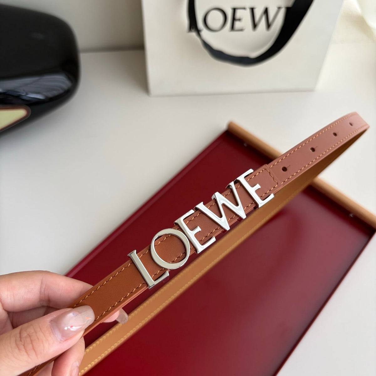 Loewe Women's Leather Belt Anagram Buckle Classic Dress Waist Belt for Jeans Trousers Coat Casual Formal