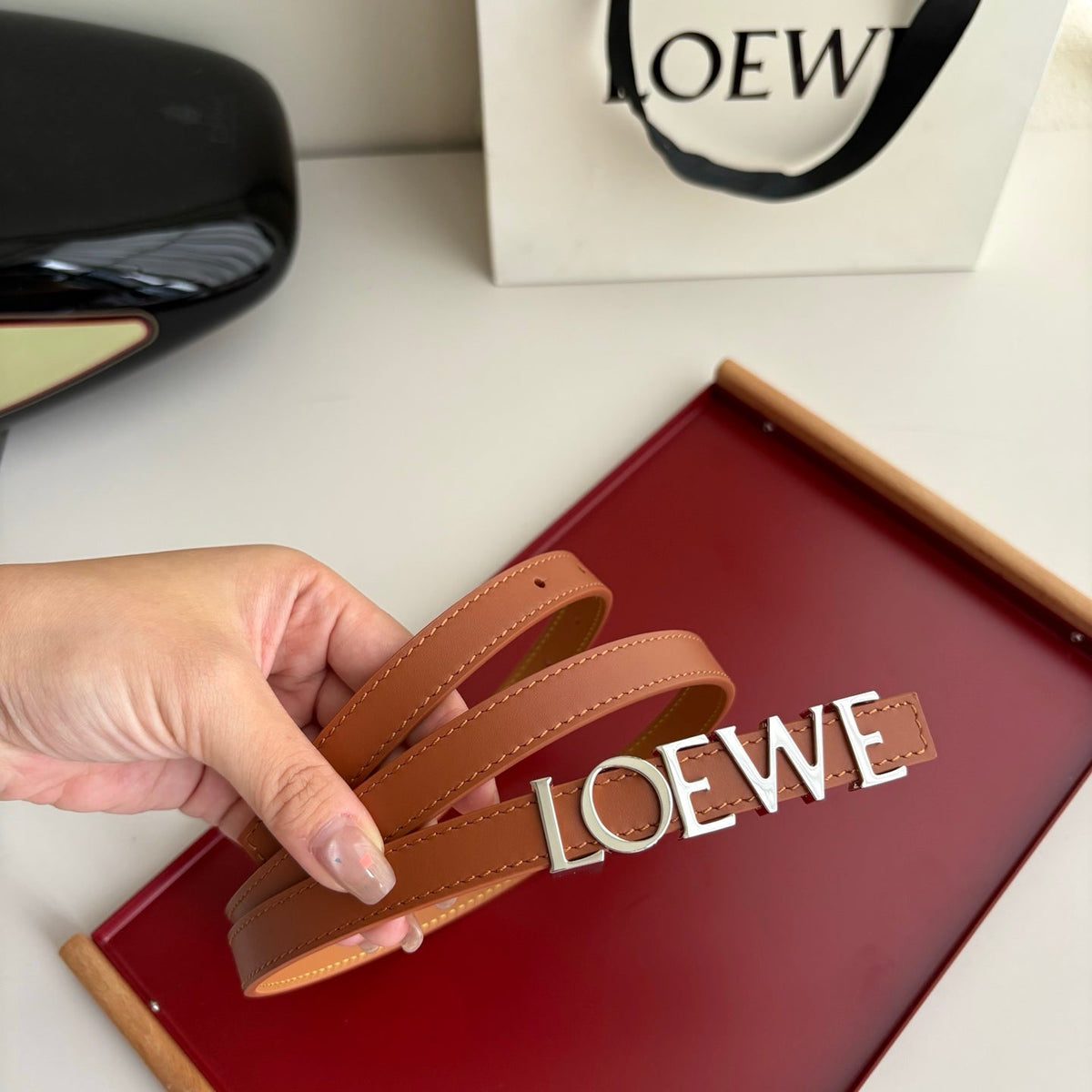 Loewe Women's Leather Belt Anagram Buckle Classic Dress Waist Belt for Jeans Trousers Coat Casual Formal